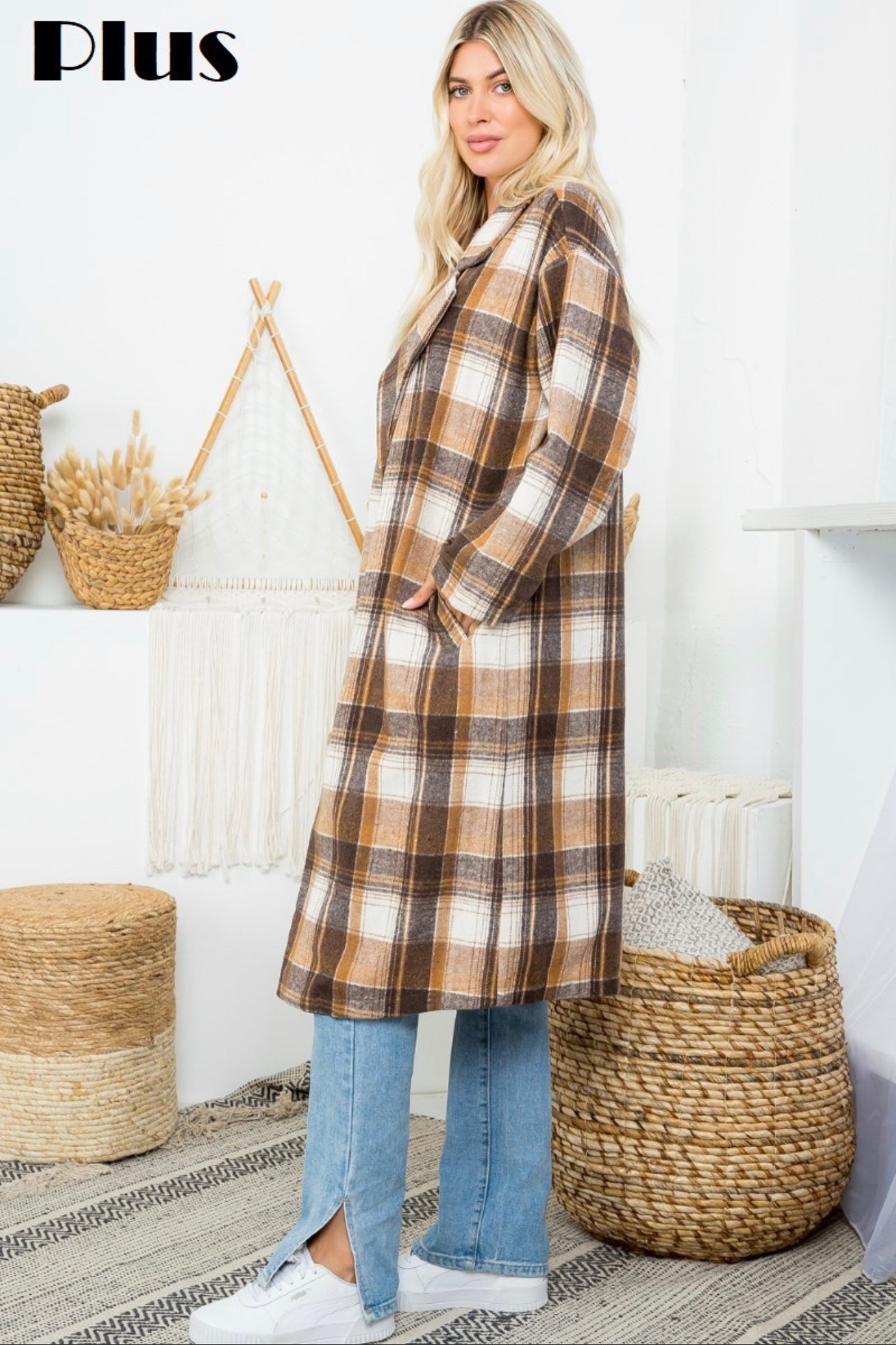 Plus Size Plaid Chic Button Down Long Jacket