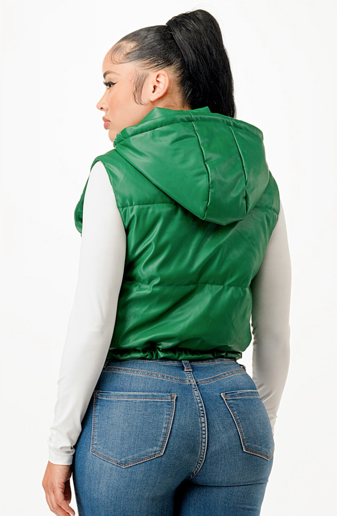 Faux Leather Hoodie Puffer Vest