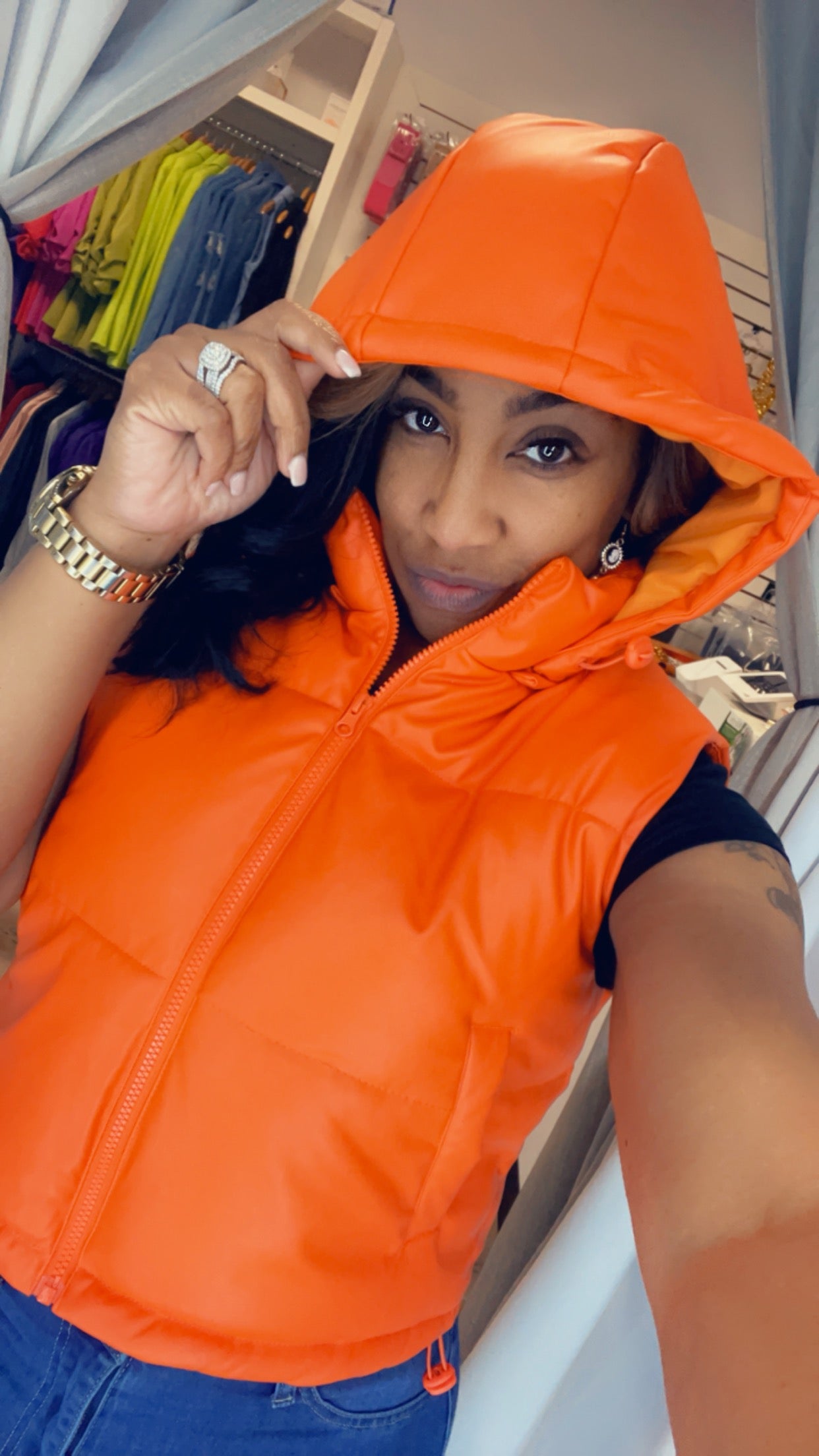 Faux Leather Hoodie Puffer Vest