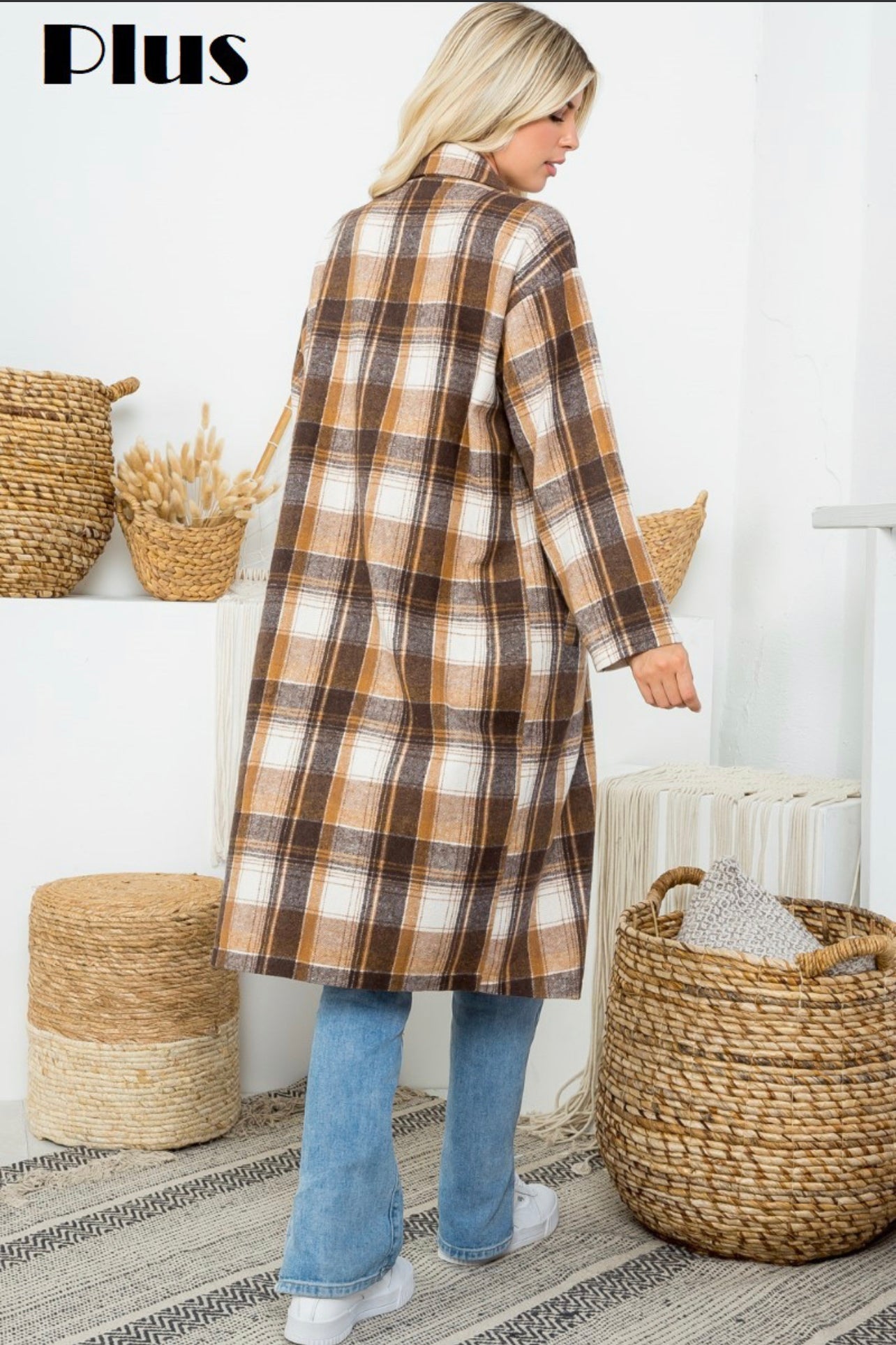 Plus Size Plaid Chic Button Down Long Jacket