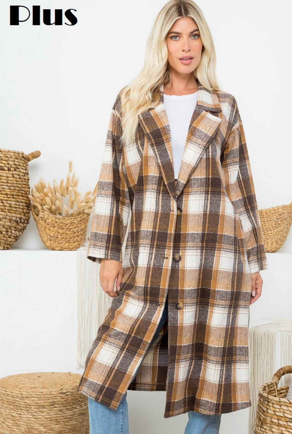 Plus Size Plaid Chic Button Down Long Jacket