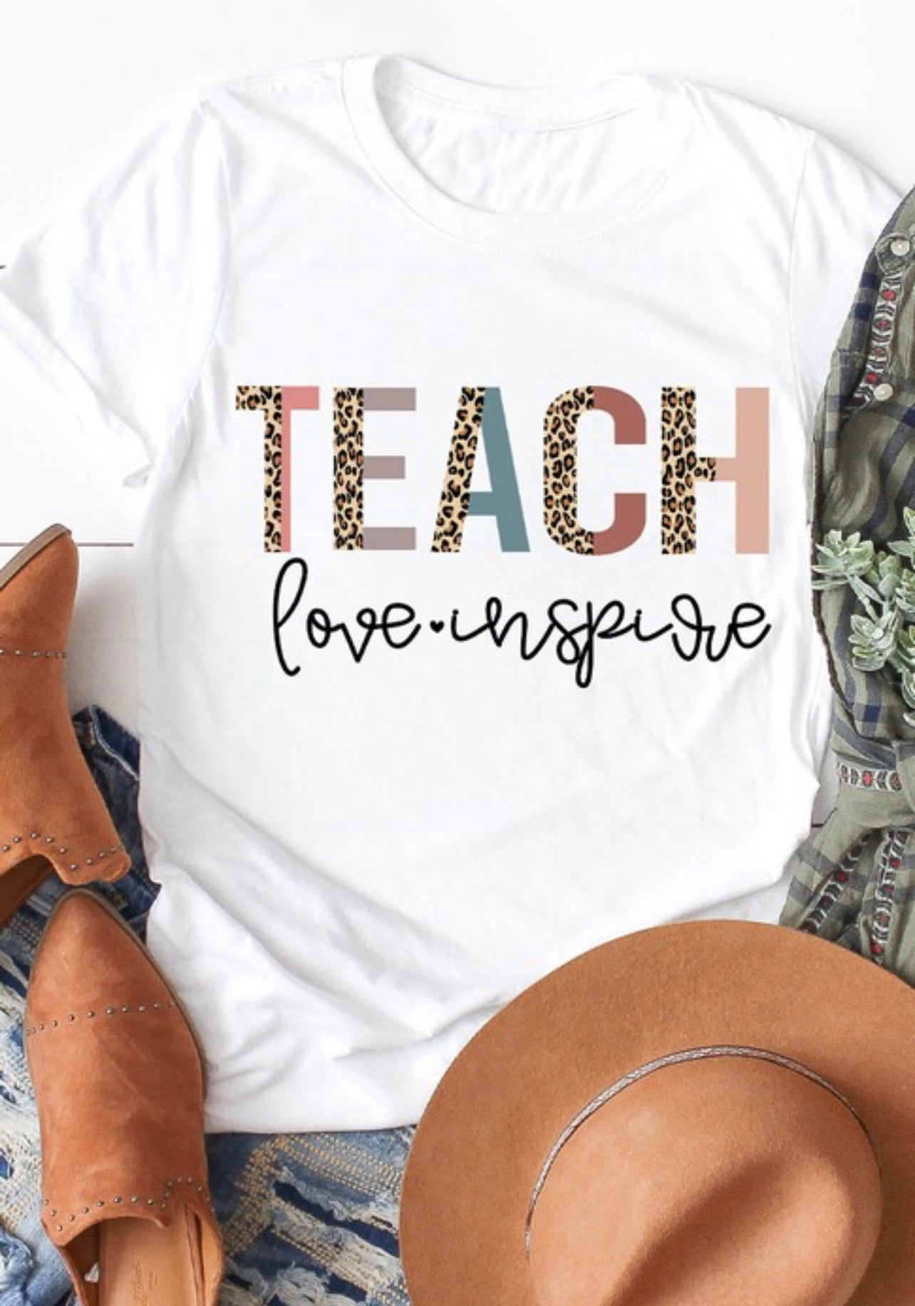 Teach Love Inspire Leopard Heart Graphic Tee